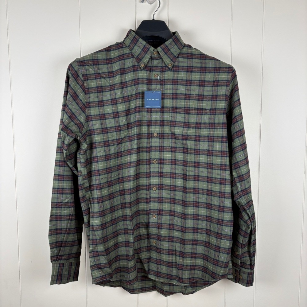 Lands' End Mens Portuguese Flannel Shirt Green Plaid Button Down Tall Medium T